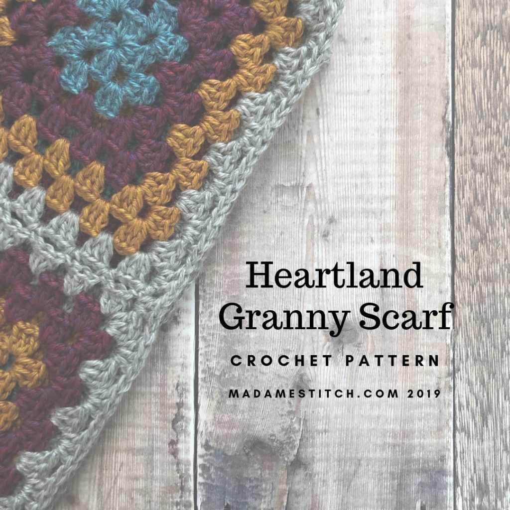 Heartland Granny Scarf | Crochet Pattern by MadameStitch  This scarf is the perfect fall accessory. Made with Lion Brand's Heartland worsted weight yarn, the 10 granny squares work up quickly. Skill level: Beginner #crochetscarf #scarfpattern #crochetpattern
