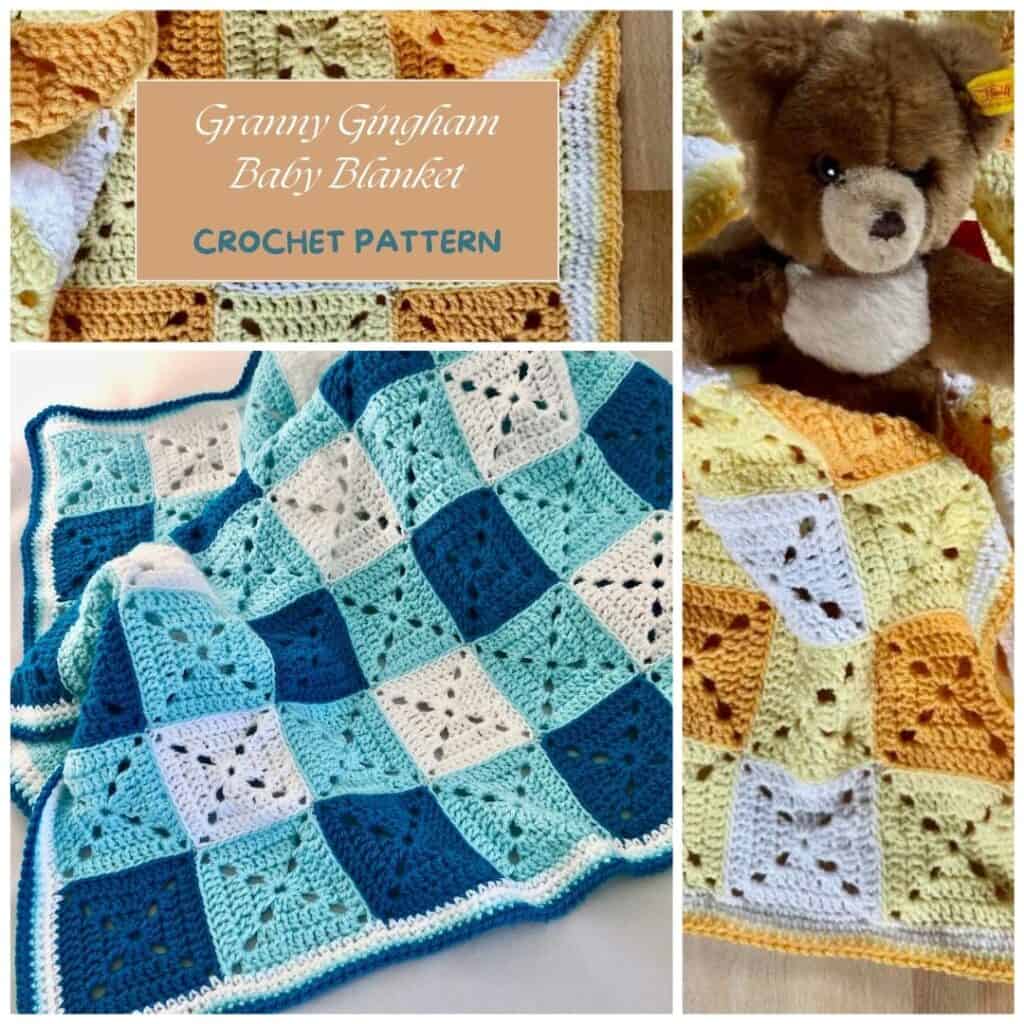 A collage of photos of the Granny Gingham Baby blanket