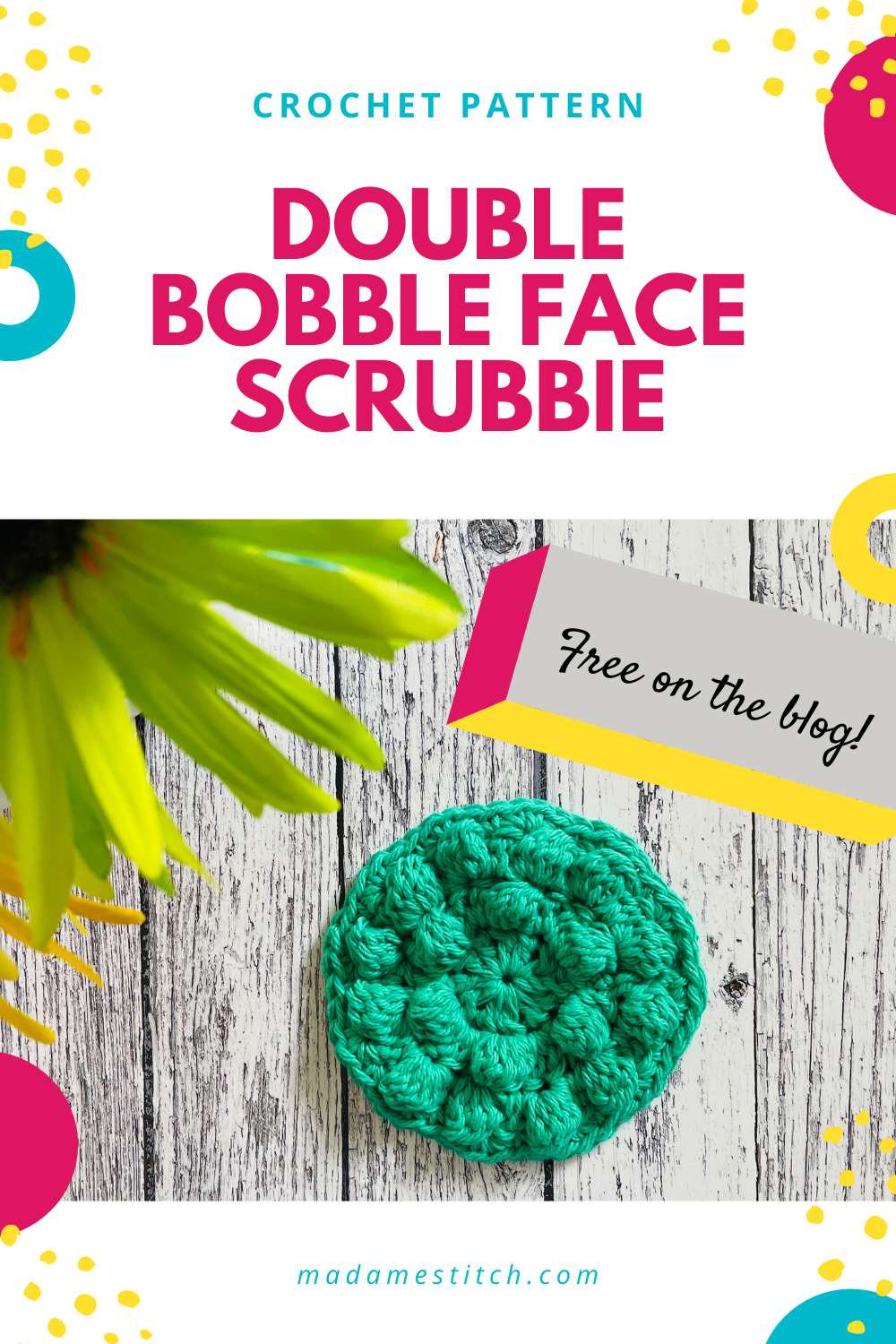 Double bobble stitch face scrubbie crochet pattern by MadameStitch