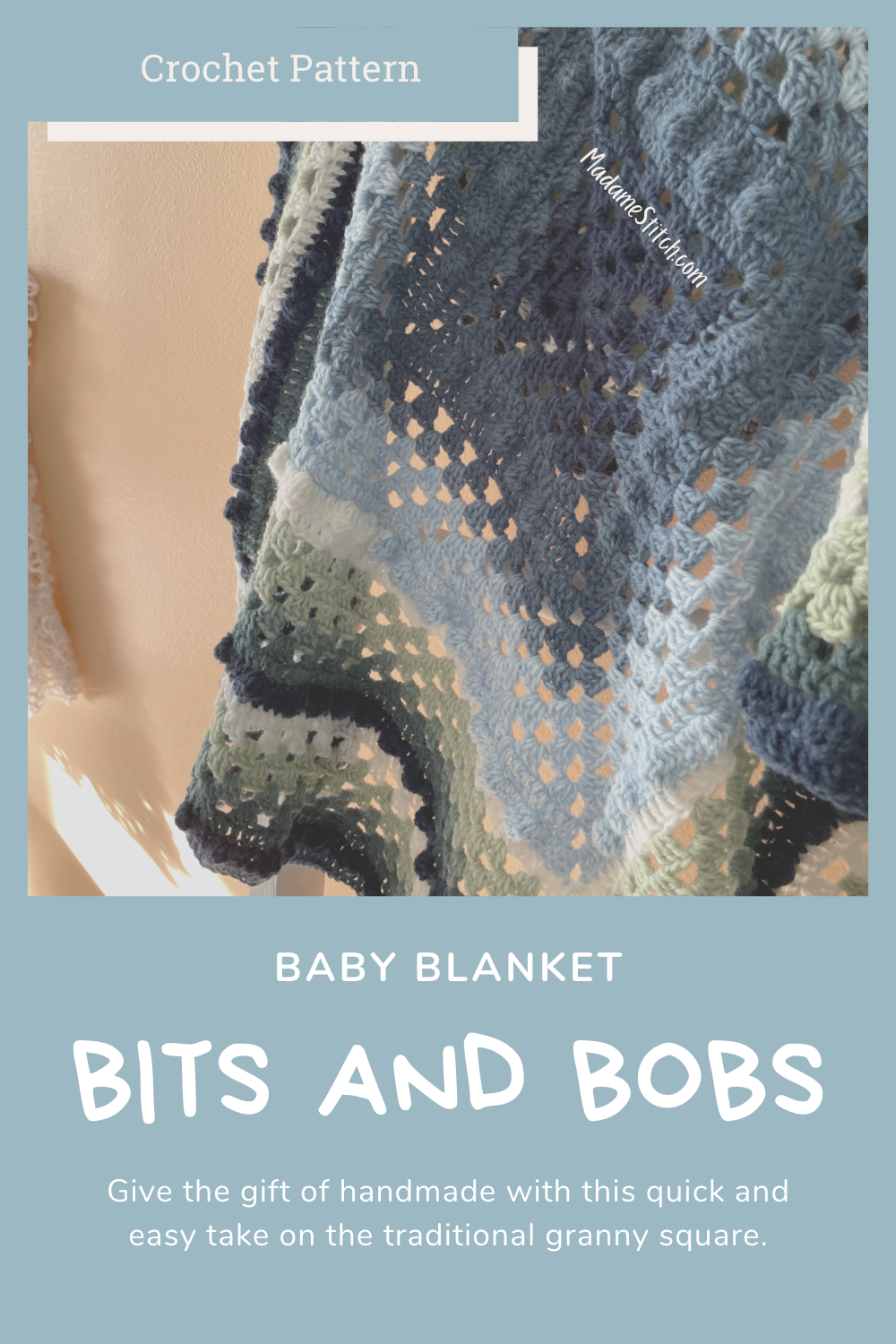 Pinterest pin of Bits and Bobs Baby Blanket crochet pattern by MadameStitch