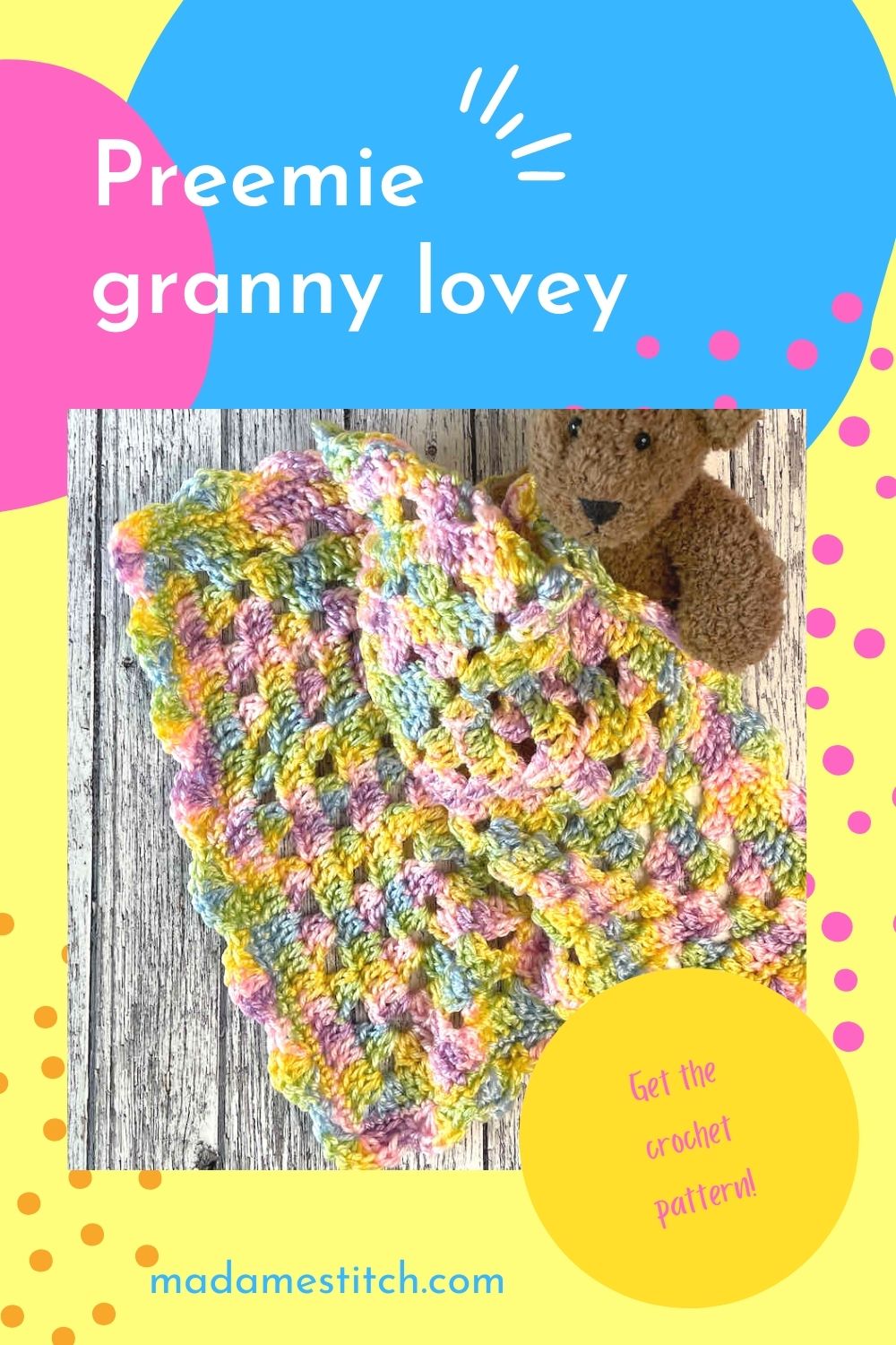 Preemie granny square lovey baby blanket crochet pattern by MadameStitch