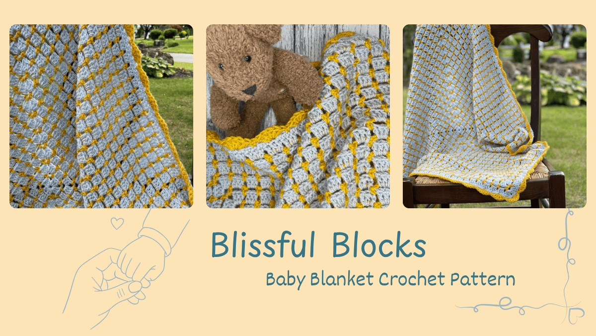 A crochet block stitch baby blanket on a chair outdoors