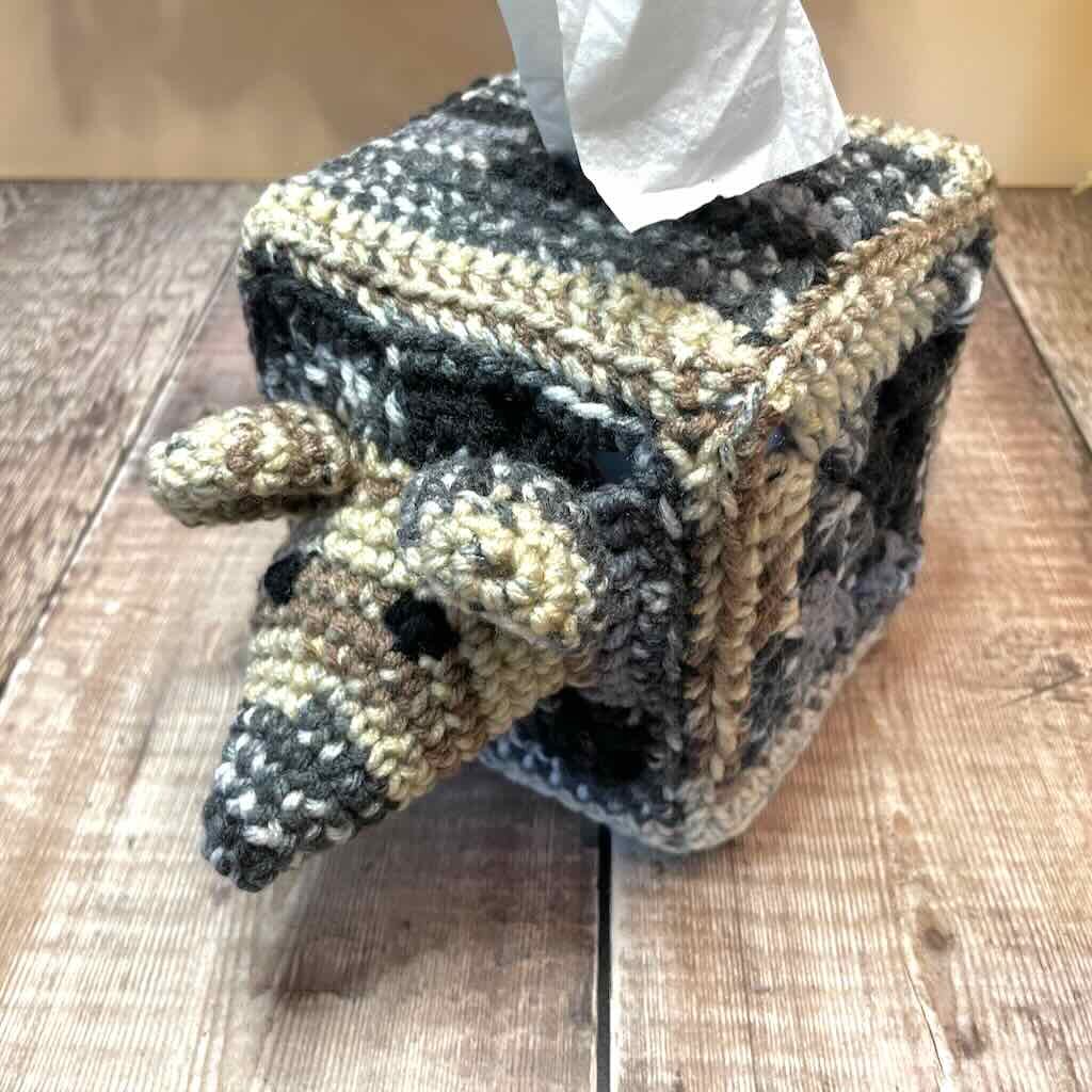 An Armadillo Tissue Box Cover crochet pattern by MadameStitch - free on the blog