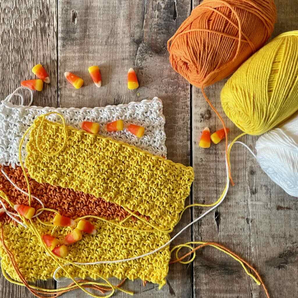 The Candy Corn Potholder work in progress with Dishie yarn