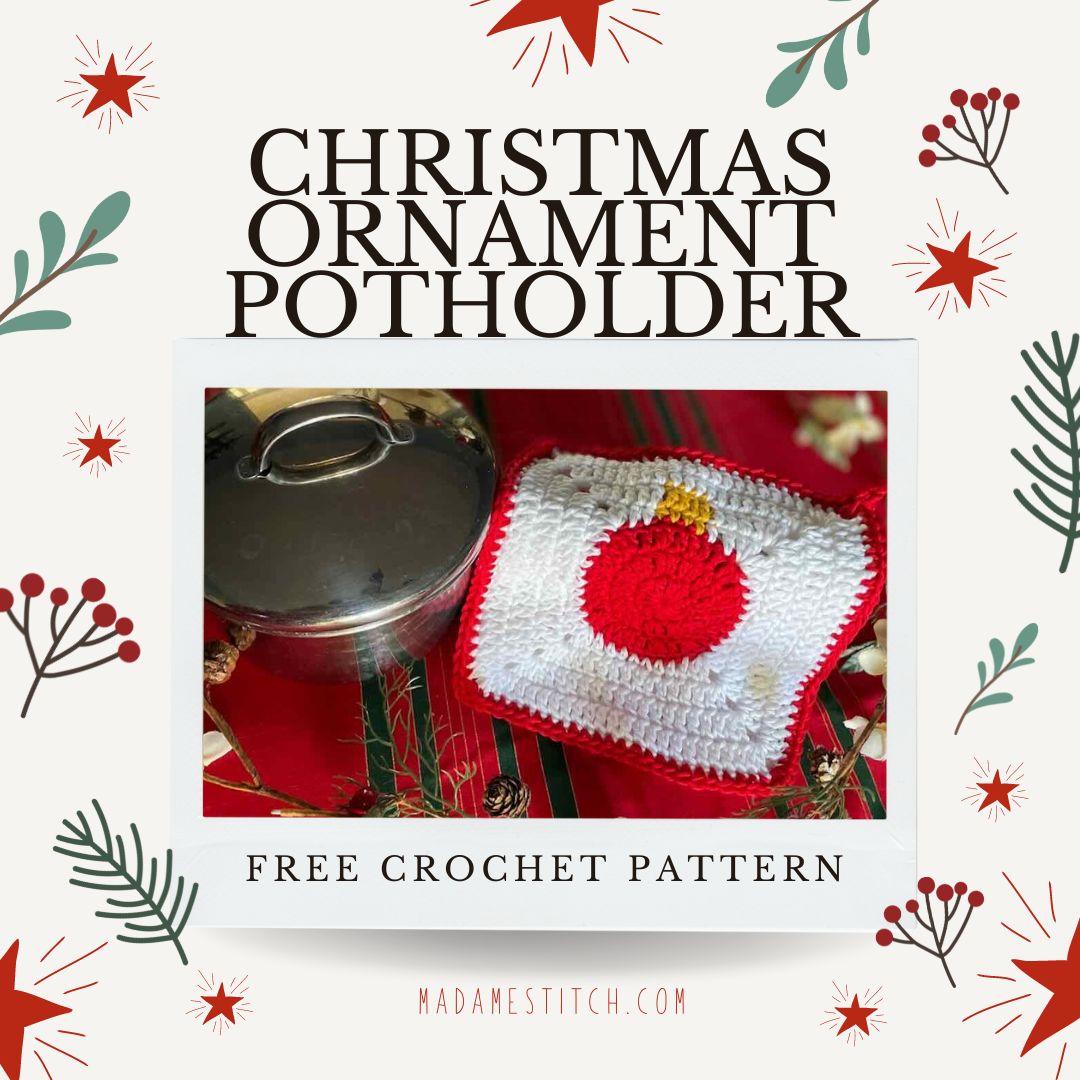 A beautiful ornament adorns this crochet Christmas potholder