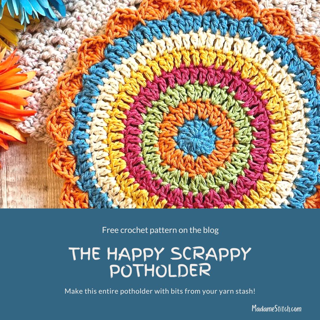 A fun crochet potholder that uses up scrap yarn