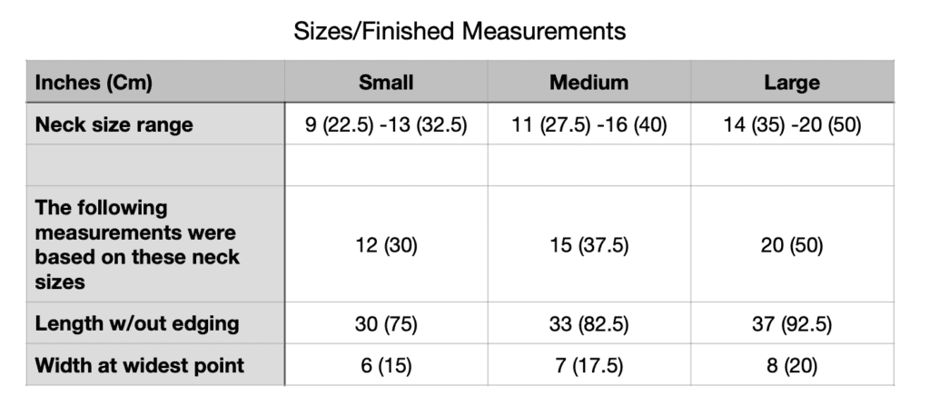 A chart with sizes and finished measurements for the Christmas crochet dog scarf