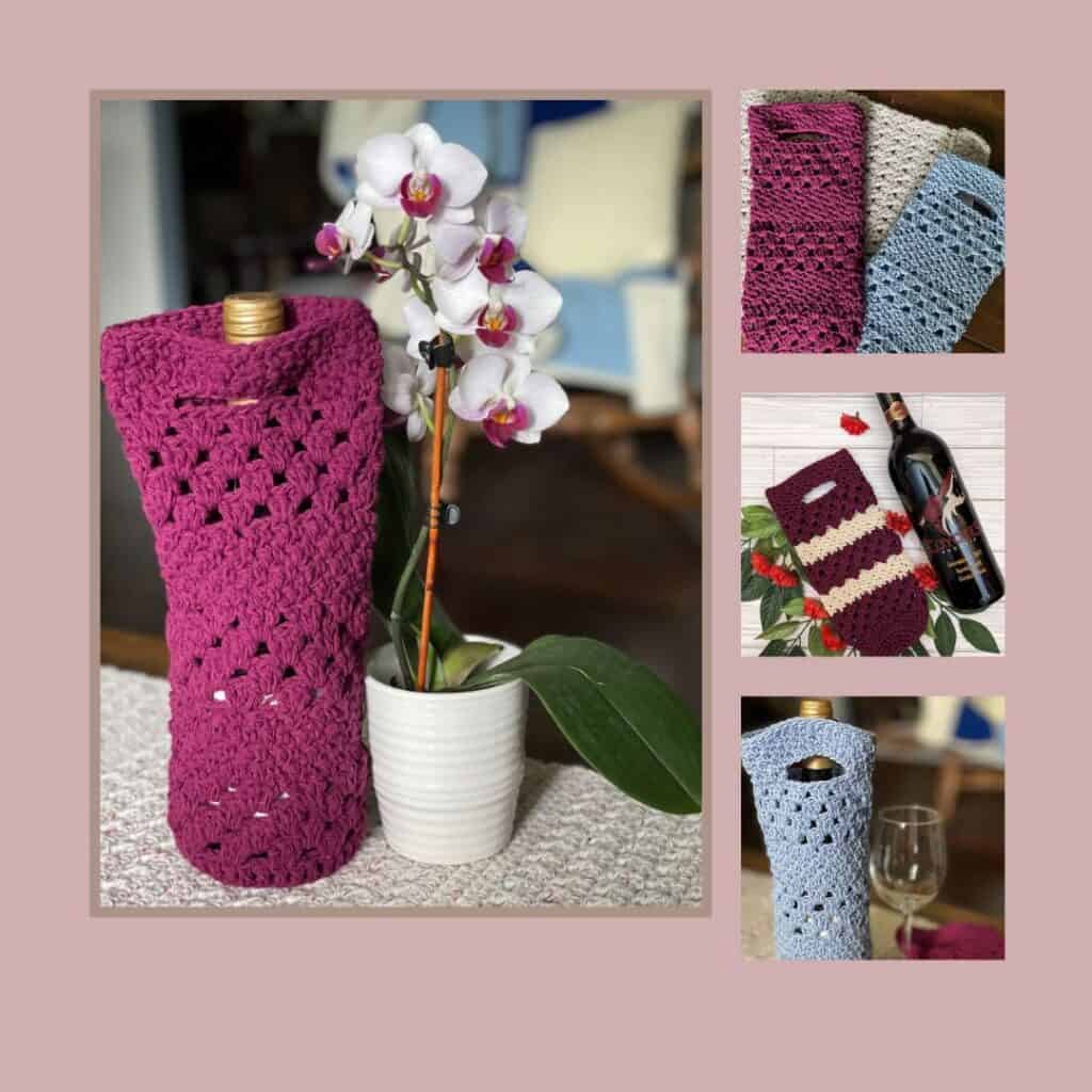 Several pictures of a wine bottle tote with flowers | The Seneca Wine Bottle Tote is a crochet design by MadameStitch