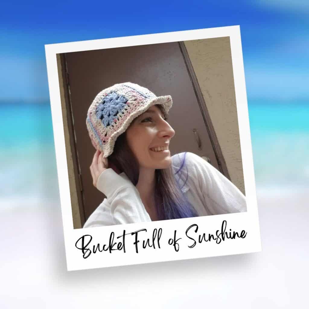 Picture of a woman wearing a granny square bucket hat | The Bucket Full of Sunshine Hat crochet pattern by MadameStitch