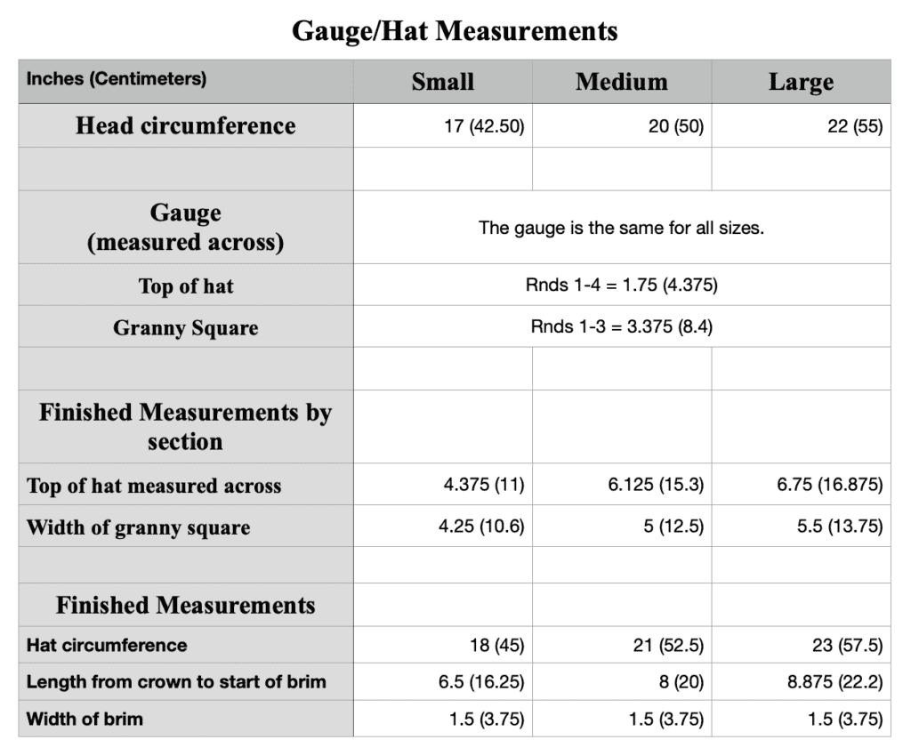 A chart for the gauge and measurements for the granny square bucket hat