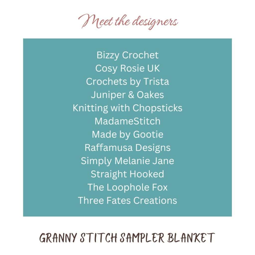 A list of the designers involved in the Granny Stitch Sampler Blanket