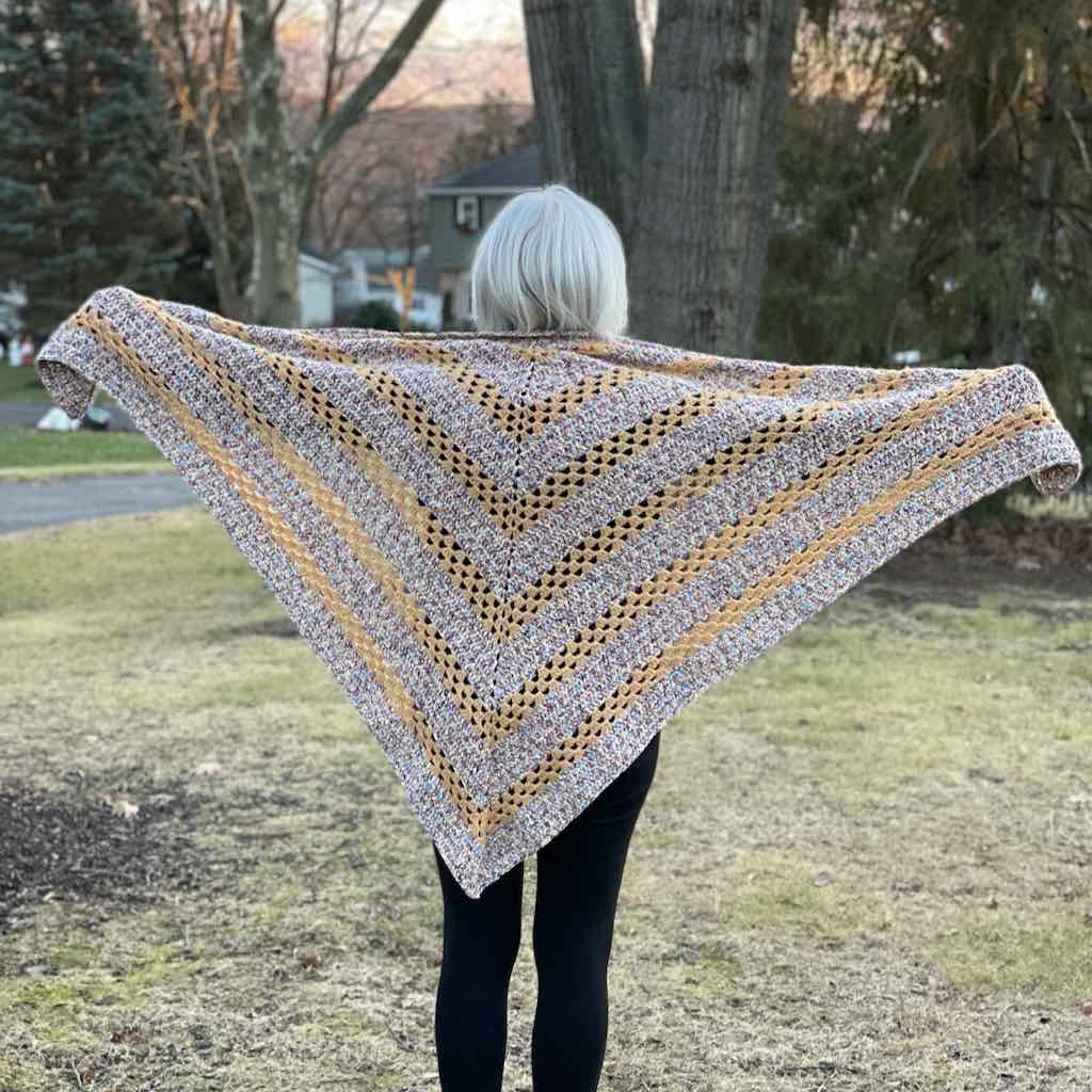Photo of the granny stitch shawl held out to see the full size