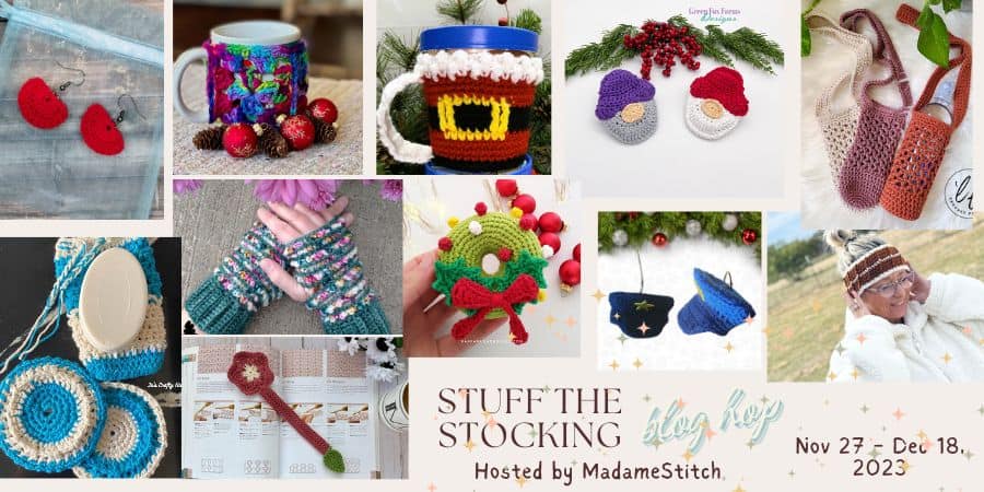 A photo collage of stocking stuffers to crochet