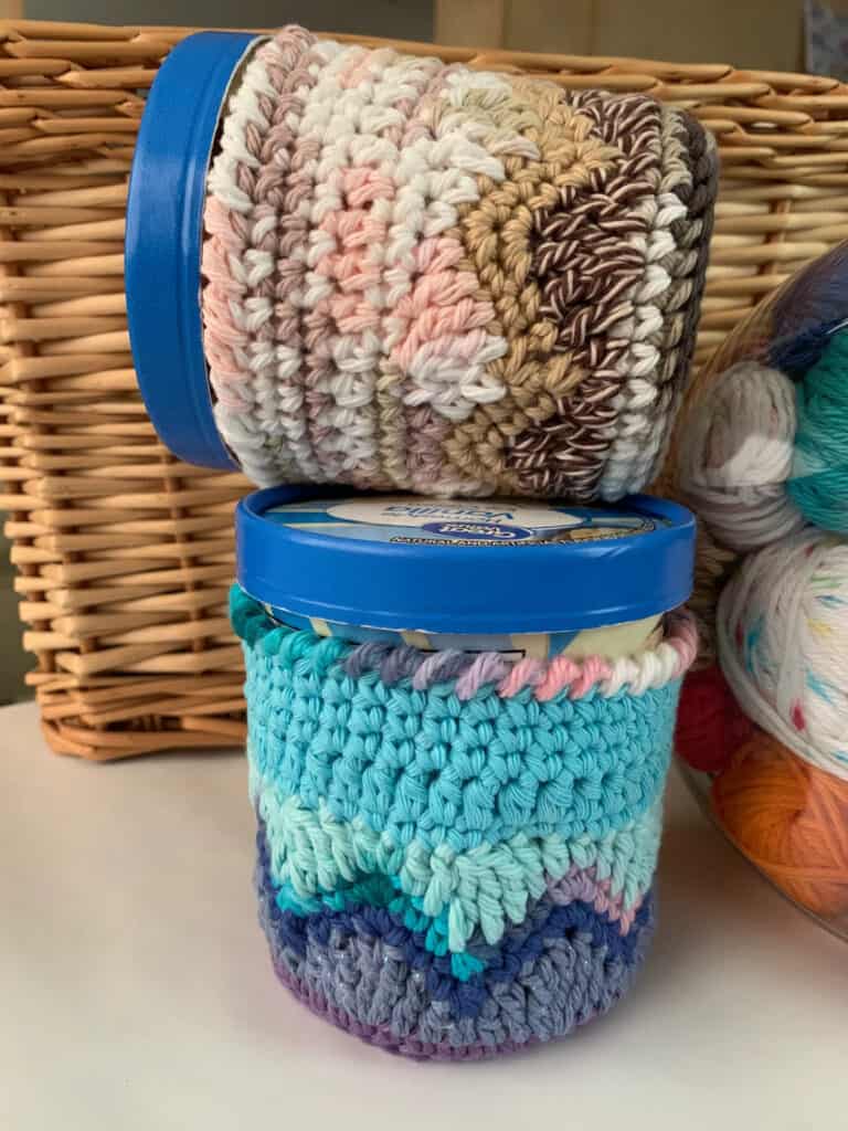 A Happy Scrappy Pint cover, the perfect crochet hostess gift idea for someone who loves ice cream!