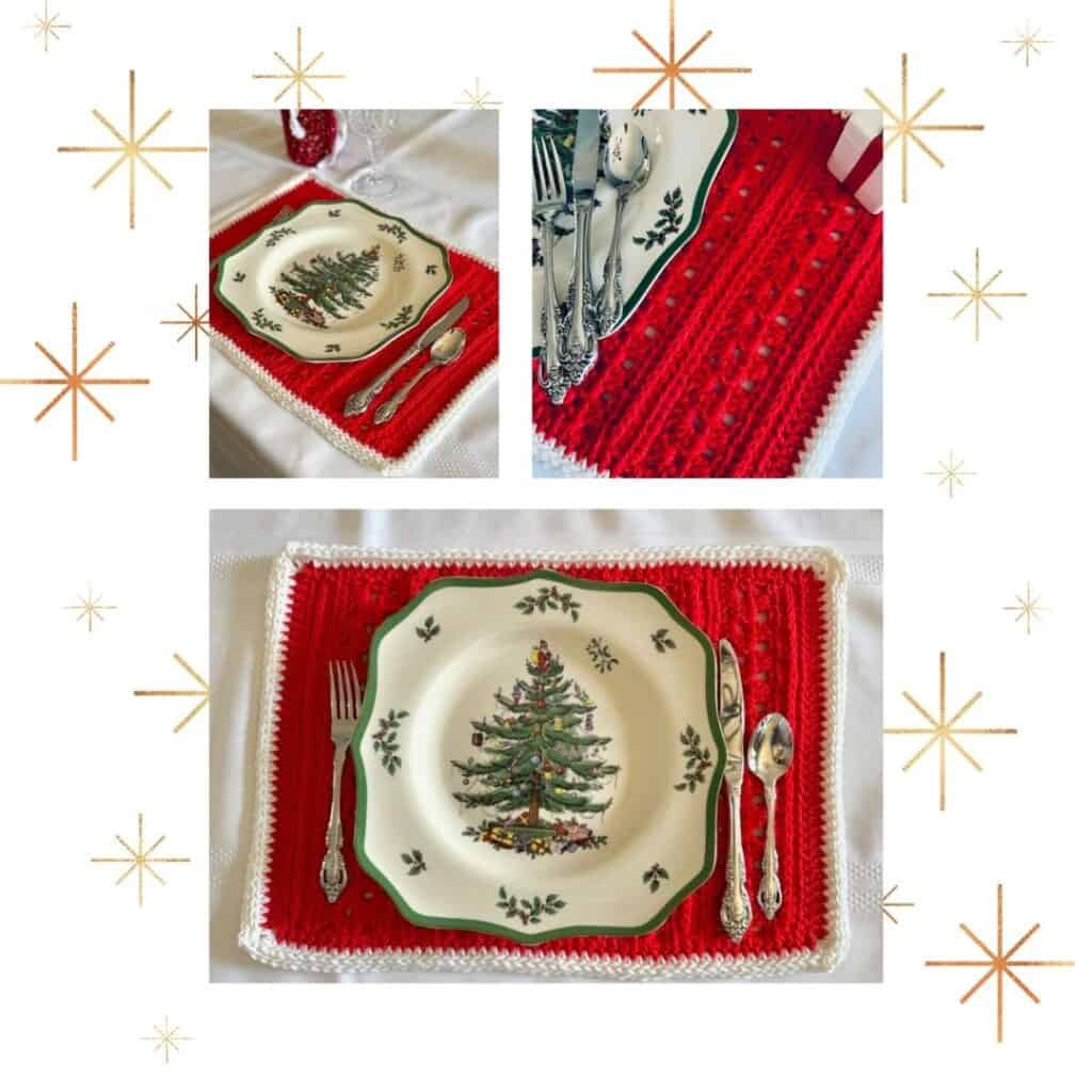 Photos of a granny stitch placemat in Christmas colors