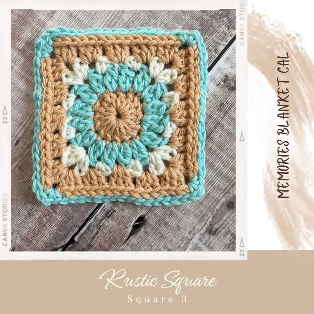 A granny afghan square with a colorful round center for the Memories Blanket