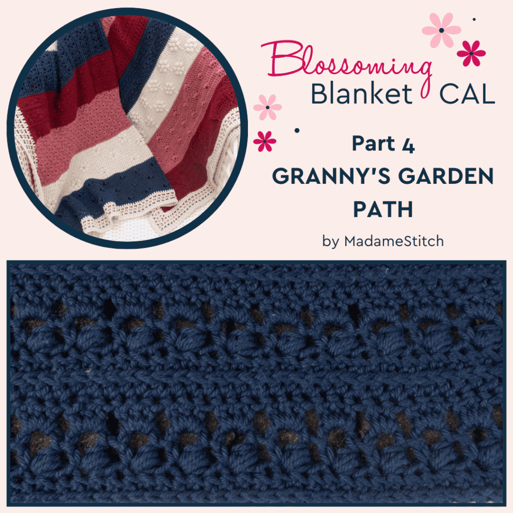 A graphic for the crochet blanket strip called Granny's Garden Path by MadameStitch