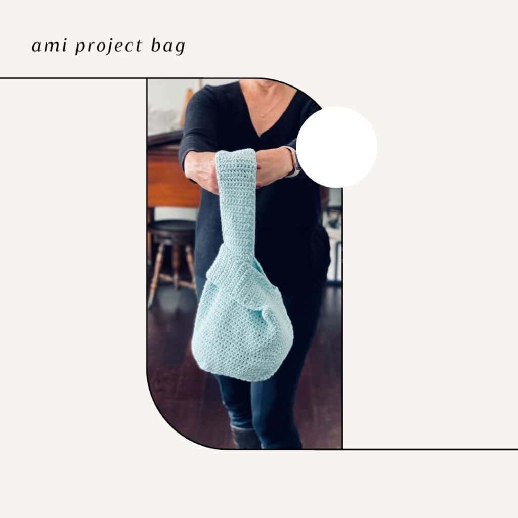 A photo of the ami project bag being held by a woman to show size