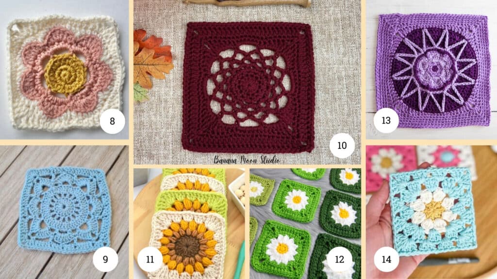 Crochet Flower Square Patterns 8-14