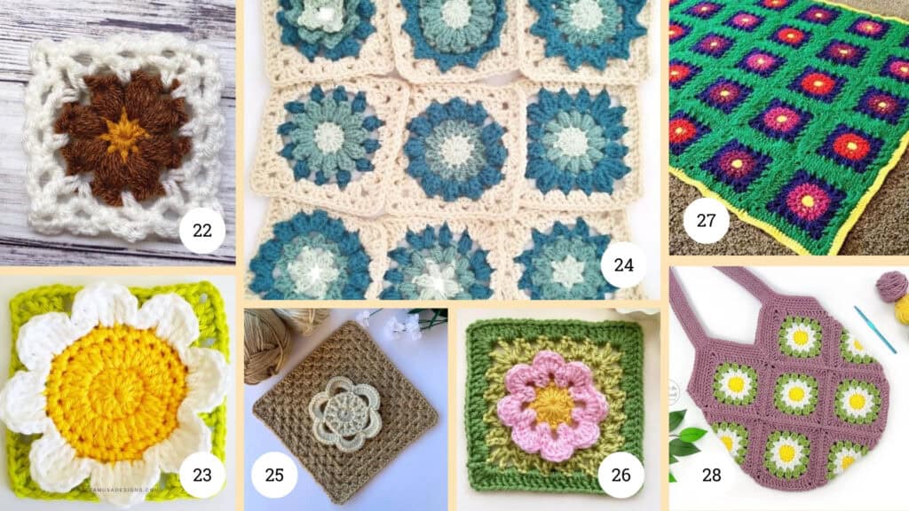 Crochet Flower Square Patterns 22-28