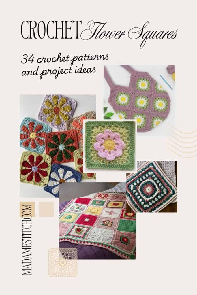 Crochet Flower Square Patterns - Pin featuring 5 of 34 patterns