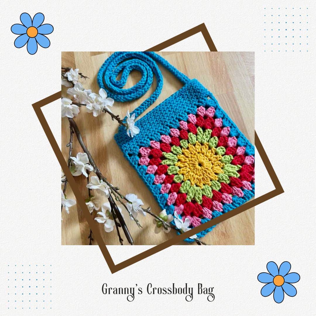 A photo of a granny square crossbody bag with flowers