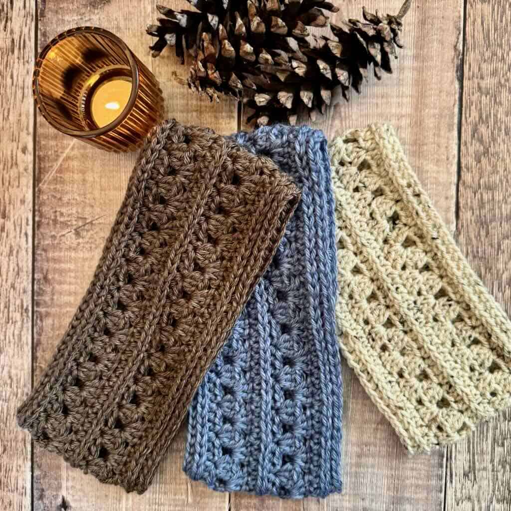 A photo of 3 versions of the Cordelia Ear Warmer