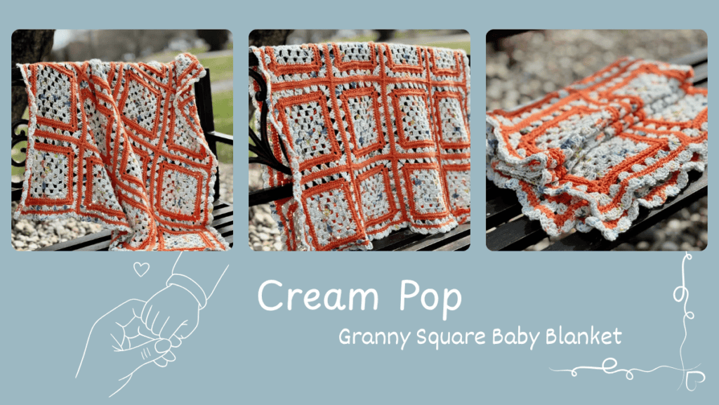 Three photos of the Cream Pop Granny Square Baby Blanket