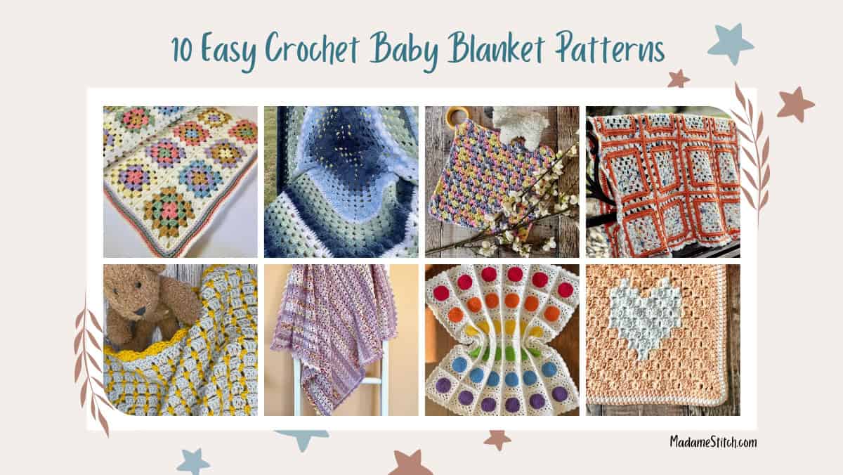 Collage image showing 10 Easy Crochet Baby Blanket Patterns