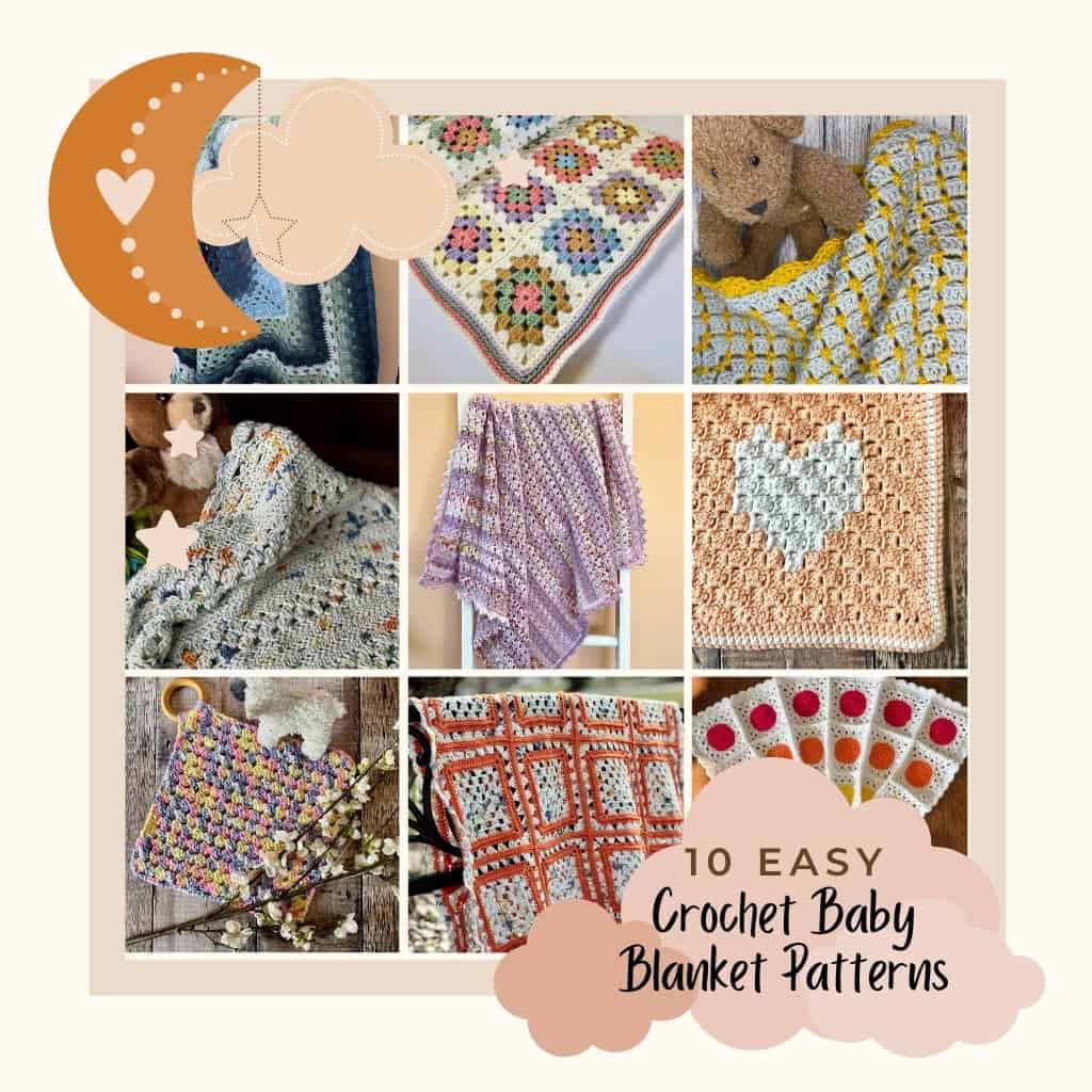 Collage image showing 9 of 10 Easy Crochet Baby Blanket Patterns