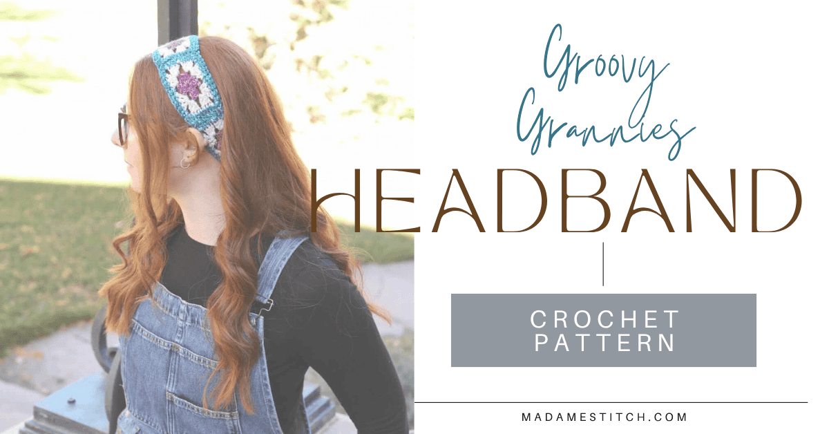 Crochet granny square headband in three colors worn by a college student