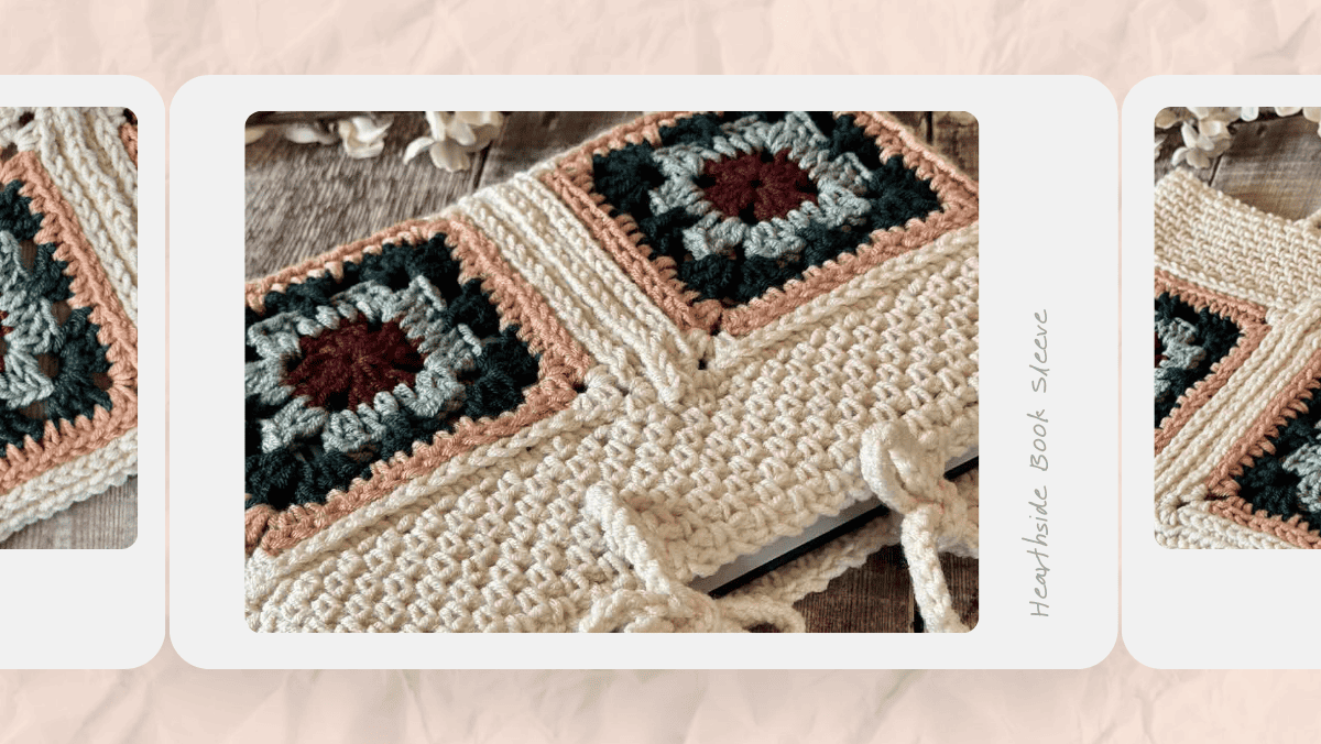 Photos of the Hearthside granny square book sleeve on a pinkish background