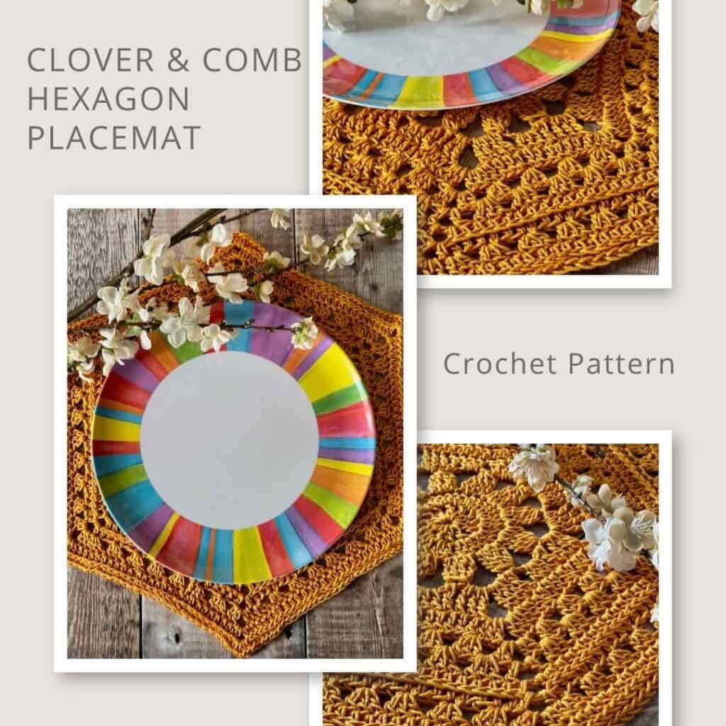 Three photos of the Clover and Comb Crochet Hexagon Placemat