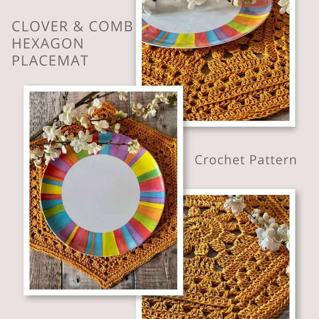 Three photos of the Clover and Comb Crochet Hexagon Placemat