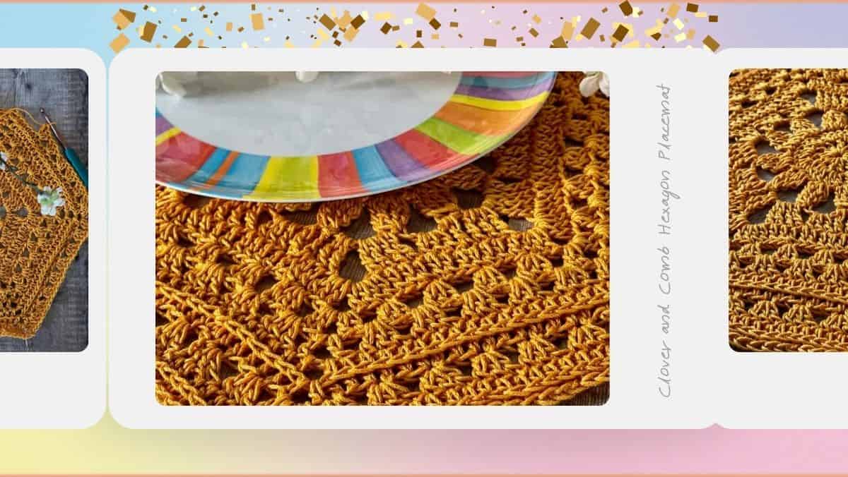 Three photos of the Clover and Comb Crochet Hexagon Placemat