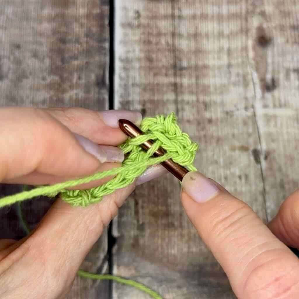 A photo of where to insert the hook for Row 3 of the single crochet thermal stitch