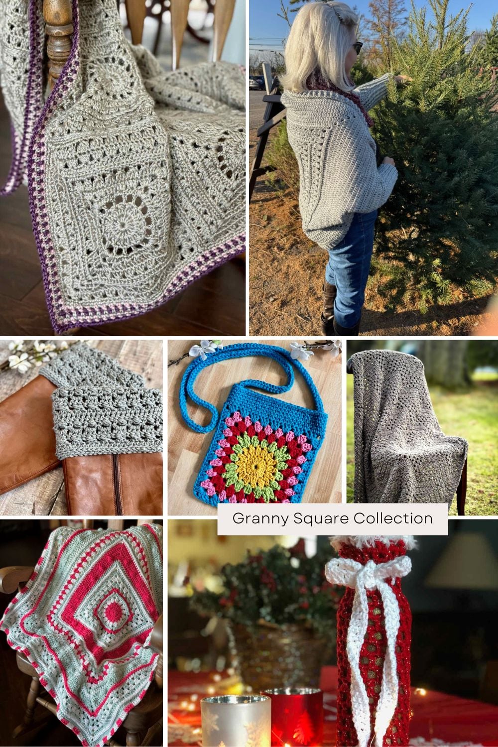 Photos of 7 of the designs in the granny square collection - click here to pin to Pinterest