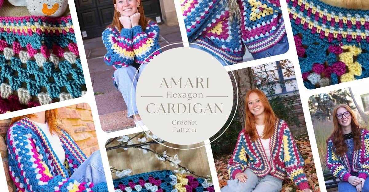 A photo collage of the Amari hexagon cardigan