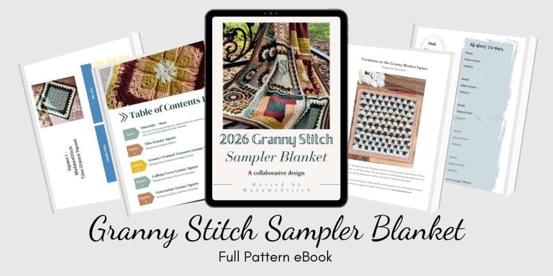 A graphic showing pages from the Granny Stitch Sampler Blanket full pattern ebook