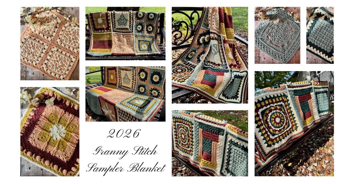 A collage of photos from the 2026 Granny Stitch Sampler Blanket