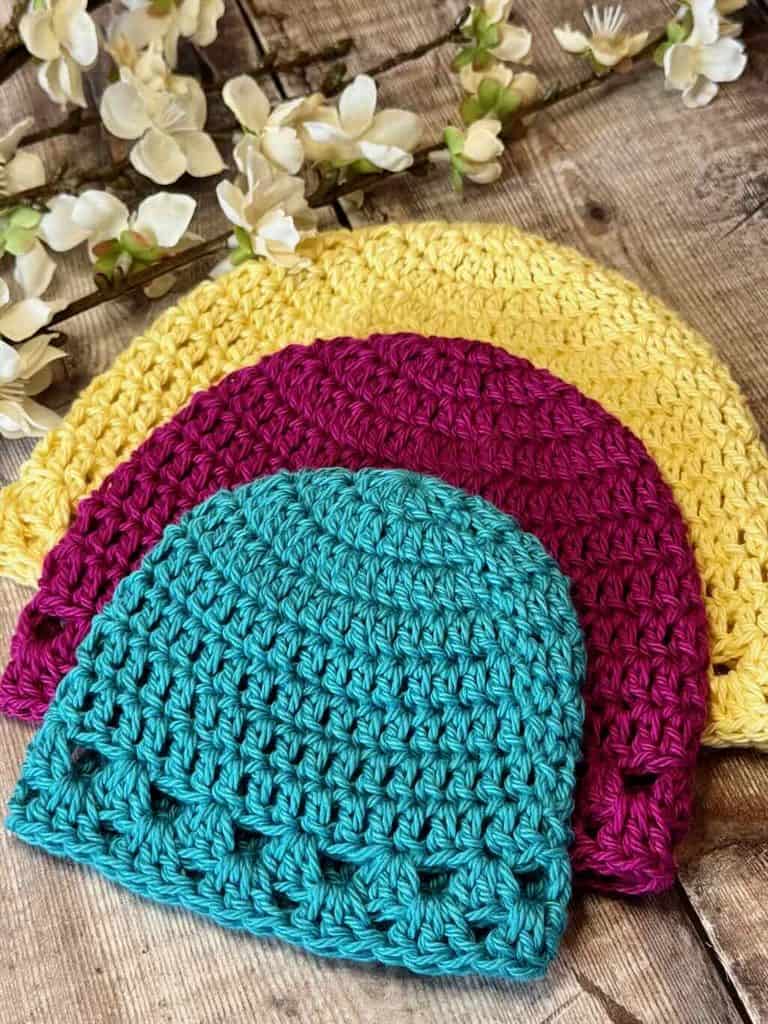 A photo of the 3 sizes of the Logan Crochet Preemie Hat