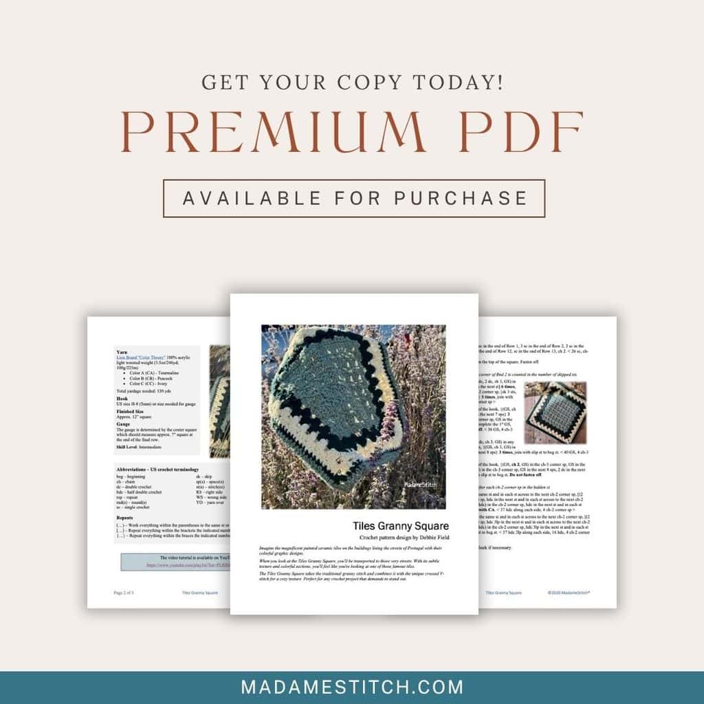 A graphic containing photos of the Tiles granny square premium PDF